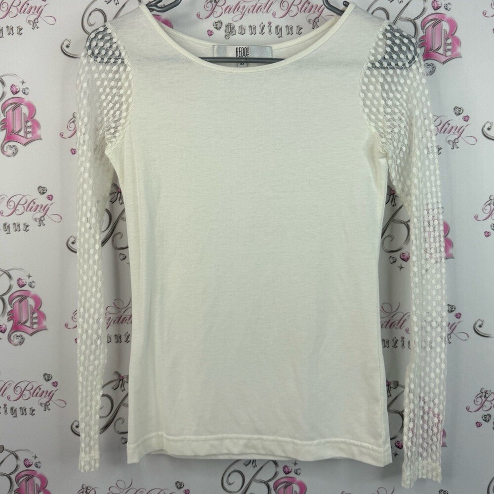 BEDO White Long Sleeve Top polka dot Mesh Detail sleeves shirt comfy white